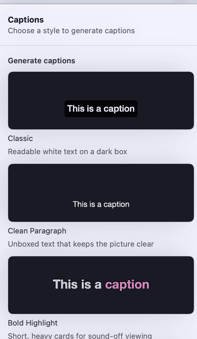 The top of Rooster's caption style picker, showing the first three of its four presets - Classic, Clean Paragraph and Bold Highlight - each drawn as a live preview reading This is a caption.