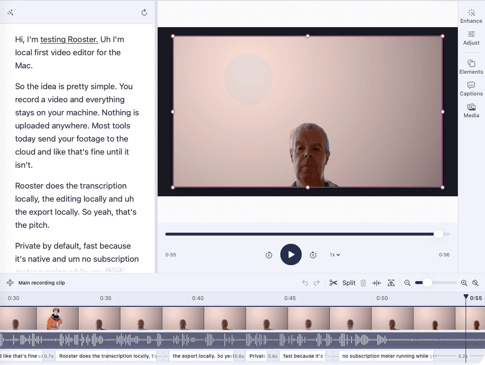 Rooster's editor. The transcript pane on the left, the canvas showing the speaker in front of a warm Green Screen gradient, and the filmstrip timeline below with the playhead at 0:55 and the transcript's sentences as chips beneath the waveform.