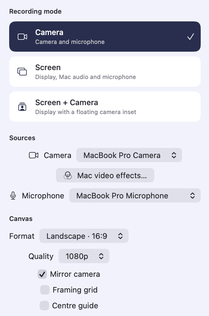 Rooster's recorder controls. Three recording modes - Camera, Screen, and Screen plus Camera - above source pickers for camera and microphone, and a canvas set to Landscape 16:9 at 1080p.