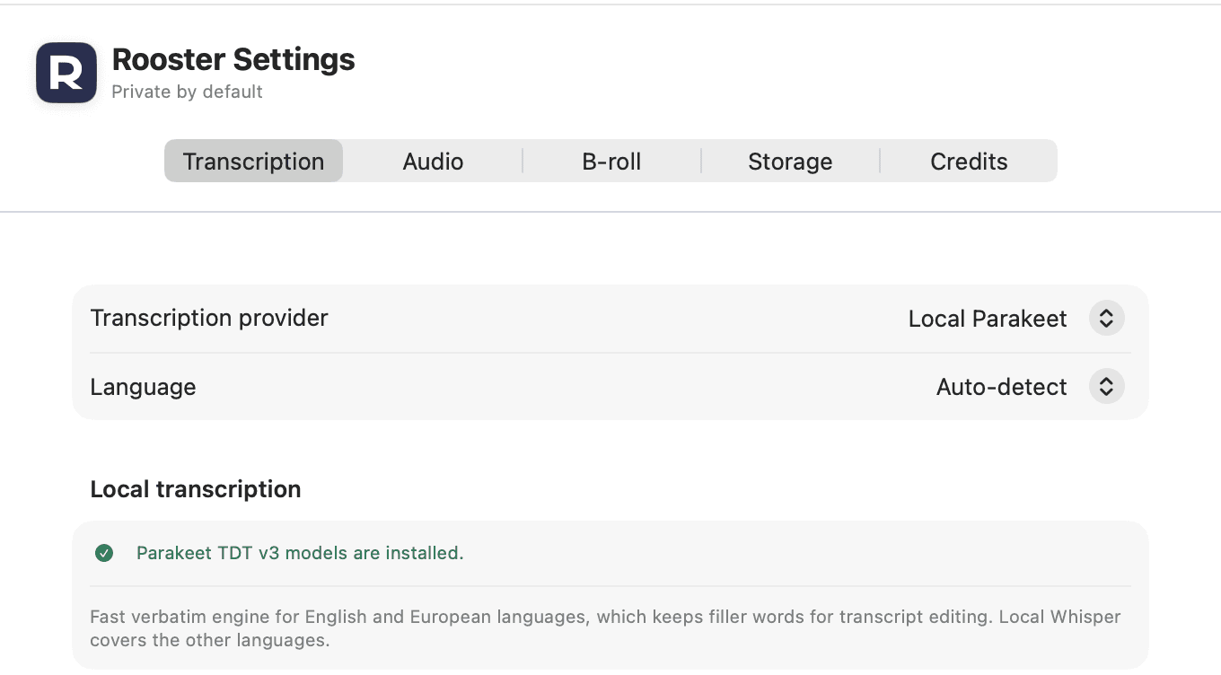 Rooster's settings on the Transcription tab. The provider is set to Local Parakeet, the language to Auto-detect, and a green tick reads Parakeet TDT v3 models are installed.
