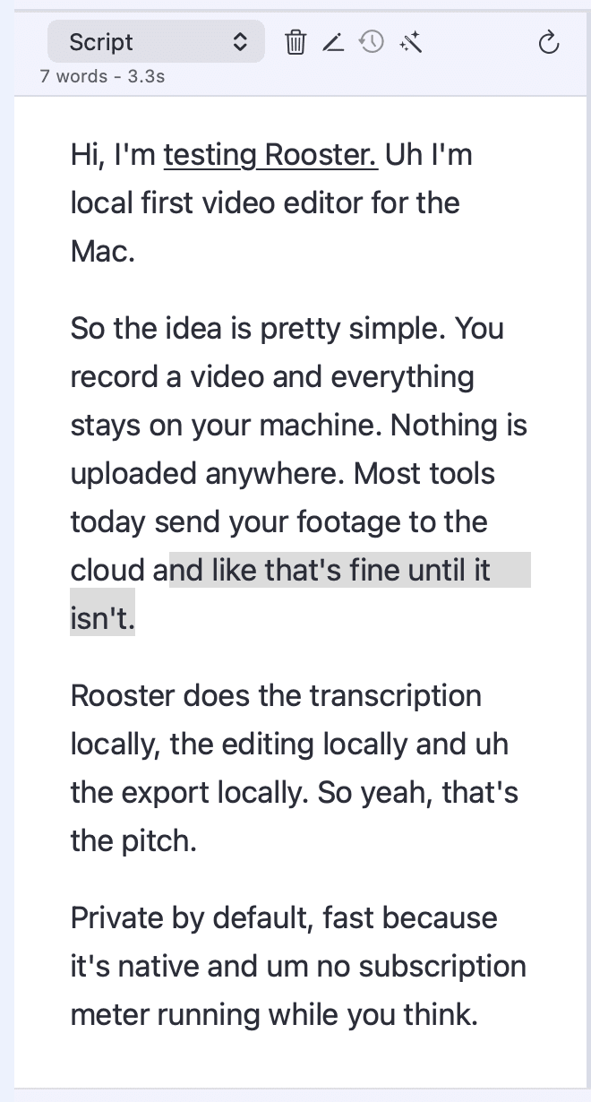 Rooster's transcript pane. Seven words are selected across a line break, and the pane header reads 7 words - 3.3s.